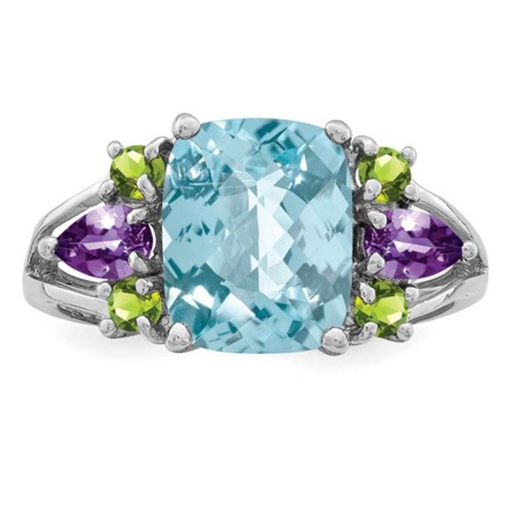 925 Sterling Silver Rhodium Light Swiss Blue Topaz, Amethyst and Peridot Ring - Picture 6 of 8